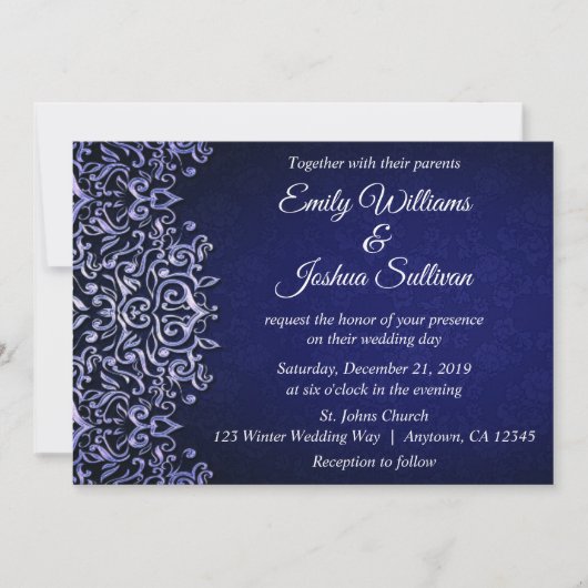 Invitation Elégant bleu Damas Mariage d'hiver (Devant)