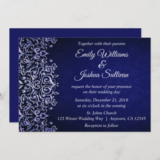 Invitation Elégant bleu Damas Mariage d'hiver (Devant / Derrière)