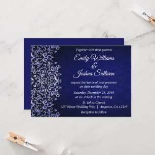 Invitation Elégant bleu Damas Mariage d'hiver