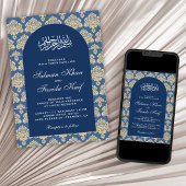 Invitation Elégant bleu Damask Arabian Arch Mariage islamique