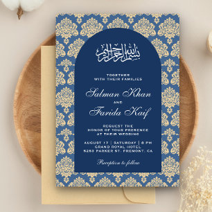Invitation Elégant bleu Damask Arabian Arch Mariage islamique
