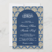 Invitation Elégant bleu Damask Arabian Arch Mariage islamique (Devant)