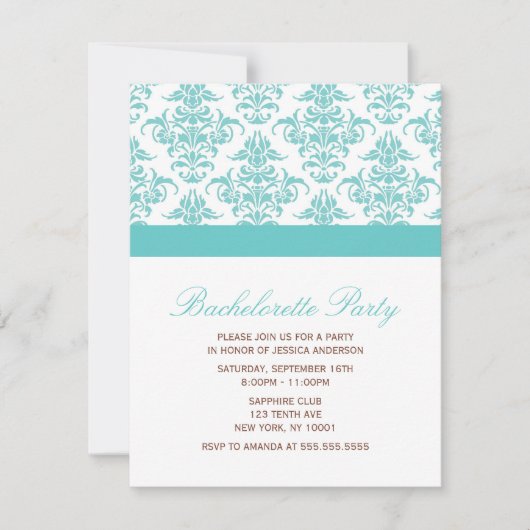 Invitation Élégant Bleu Damask Pattern Bachelorette Party (Devant)