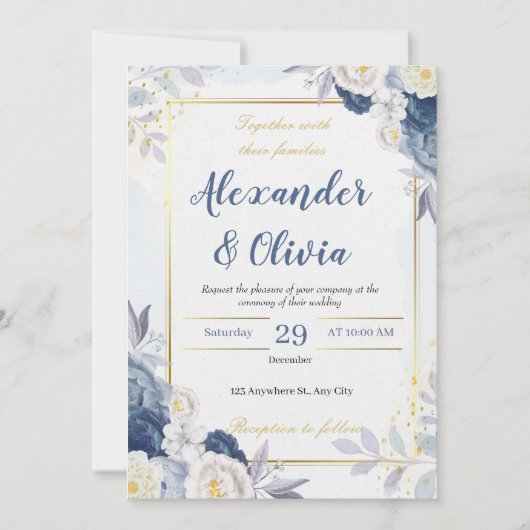 Invitation élégant bleu d'automne et mariage à fleurs (Devant)