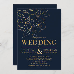 Invitation Élégant bleu de la marine avec Rose à croquis d'or