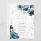 Invitation Elégant bleu doré Floral Aquarelle Mariage (Devant)
