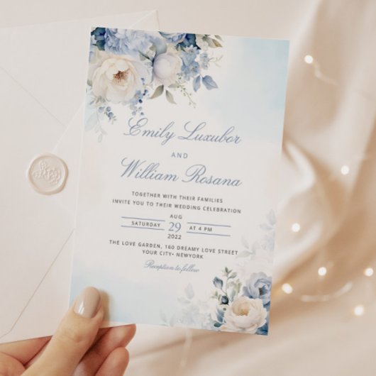 Invitation Elégant bleu Dusty Aquarelle Boho Floral Mariage