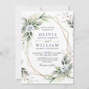 Invitation Elégant bleu Dusty Aquarelle vert Mariage
