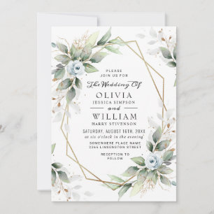 Invitation Elégant bleu Dusty Aquarelle vert Mariage