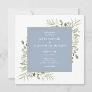 Invitation Elégant bleu Dusty Aquarelle vert Mariage
