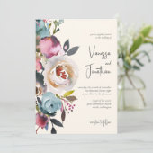 Invitation Elégant bleu Dusty Bourgogne ivoire floral (Debout devant)