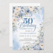 Invitation Elégant bleu Dusty et fleurs d'ivoire 50e annivers (Devant / Derrière)