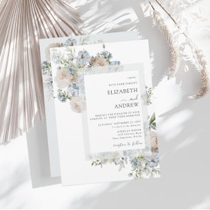 Invitation Elégant bleu Dusty et Mariage floral rose