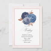 Invitation Elégant bleu Dusty et Rose or Mariage Floral (Devant)