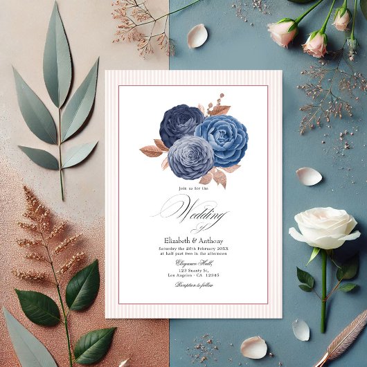 Invitation Elégant bleu Dusty et Rose or Mariage Floral