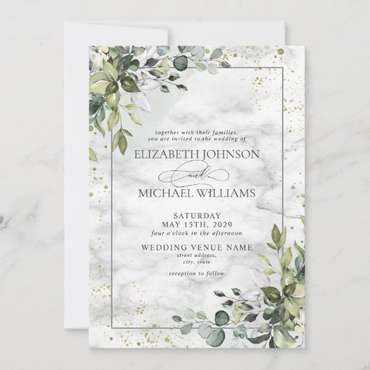 Invitation Elégant bleu Dusty Eucalyptus Marbre vert (Devant)