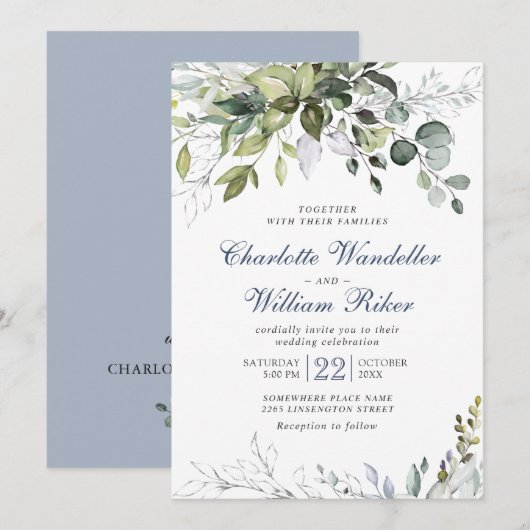 Invitation Elégant bleu Dusty Eucalyptus Mariage de verdure (Devant / Derrière)