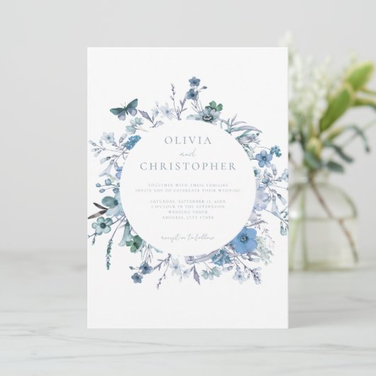 Invitation Elégant bleu Dusty Fleur sauvage Mariage floral (Debout devant)