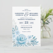 Invitation Elégant bleu Dusty Floral Aquarelle Mariage photo (Debout devant)