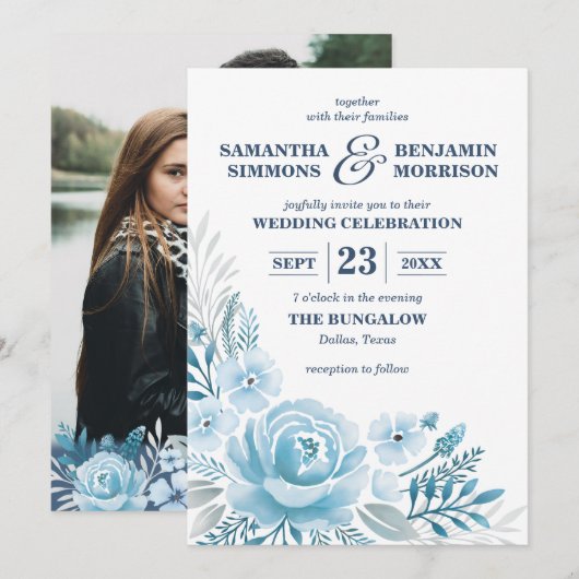 Invitation Elégant bleu Dusty Floral Aquarelle Mariage photo (Devant / Derrière)