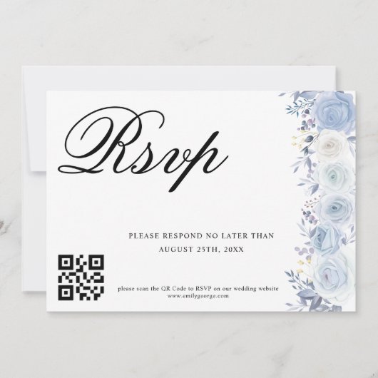 Invitation Elégant bleu Dusty floral Mariage QR Code scan (Devant)
