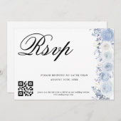 Invitation Elégant bleu Dusty floral Mariage QR Code scan (Devant / Derrière)