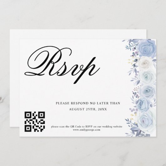 Invitation Elégant bleu Dusty floral Mariage QR Code scan (Devant / Derrière)