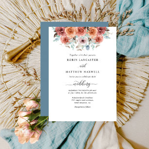 Invitation Elégant bleu Dusty, Mariage floral brun et brun
