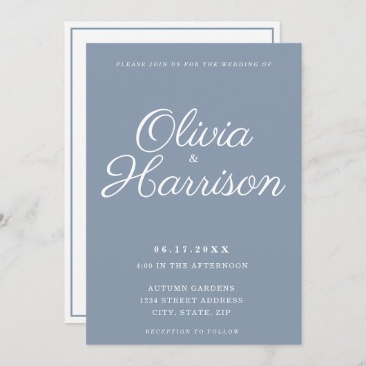 Invitation Elégant bleu Dusty tout en un Mariage (Devant / Derrière)