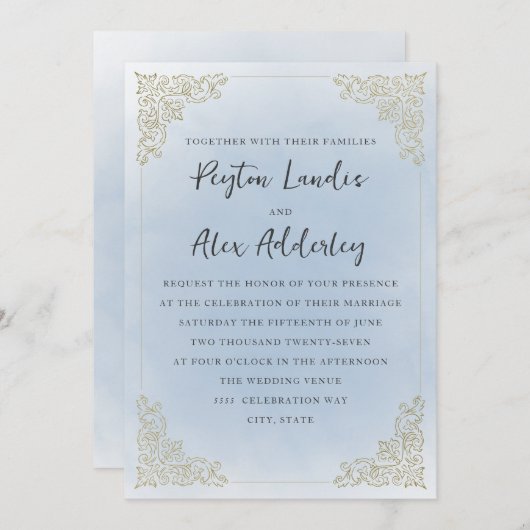 Invitation Elégant bleu Dusty Vintage (Devant / Derrière)