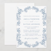 Invitation Elégant bleu Dusty Vintage Floral Mariage (Devant / Derrière)