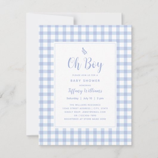Invitation Elégant bleu En vichy Plaid Joli Oh Baby shower ga (Devant)