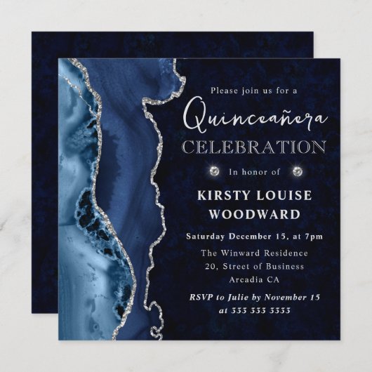 Invitation Elégant bleu et argent Parties scintillant Agate Q (Devant / Derrière)