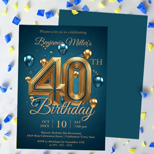 Invitation Elégant Bleu et Ballons d'or 40ème anniversaire