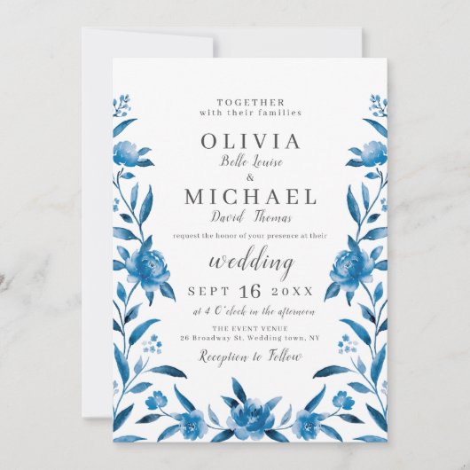 Invitation Elégant bleu et blanc aquarelle mariage floral (Devant)