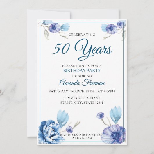 Invitation Elégant Bleu et Blanc Floral Mère Anniversaire (Devant)