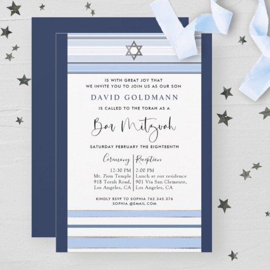 Invitation Élégant bleu et blanc rayé Tallit Bar Mitzvah