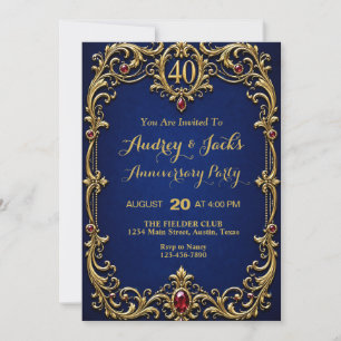 Invitation Élégant Bleu et Or 40e Anniversaire
