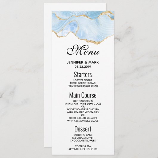 Invitation Elégant Bleu et Or Agate Bordure Mariage Menu (Devant / Derrière)