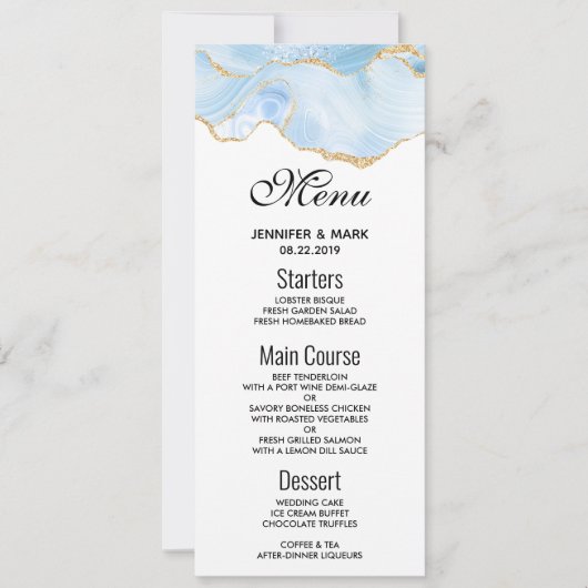 Invitation Elégant Bleu et Or Agate Bordure Mariage Menu (Devant)