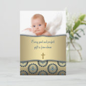Invitation Elégant Bleu et Or Baby Boy Photo Christening (Debout devant)