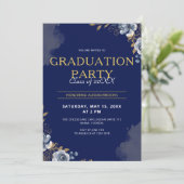 Invitation Élégant Bleu et Or Graduation (Debout devant)