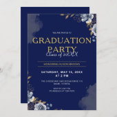 Invitation Élégant Bleu et Or Graduation (Devant / Derrière)