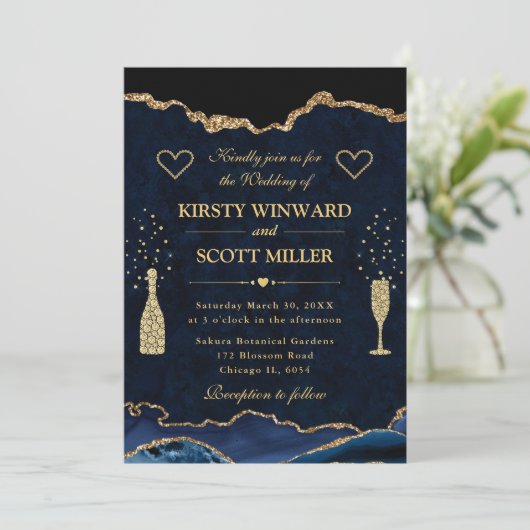 Invitation Elégant bleu et or Parties scintillant Agate Mari (Debout devant)