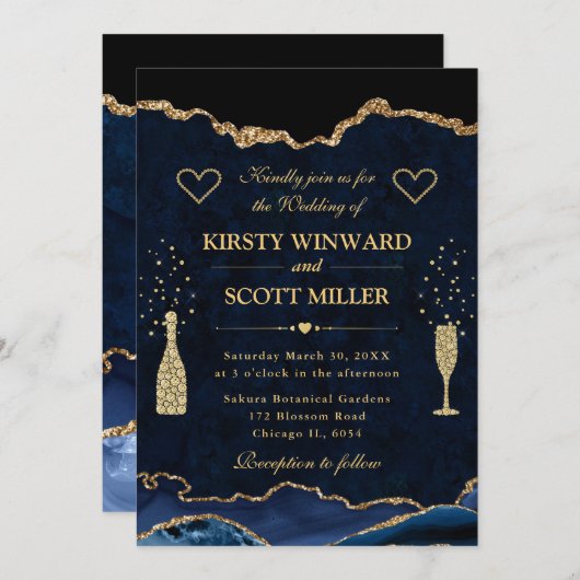 Invitation Elégant bleu et or Parties scintillant  Agate Mari (Devant / Derrière)