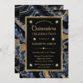 Invitation Elégant bleu et or Parties scintillant Agate Quinc (Devant / Derrière)