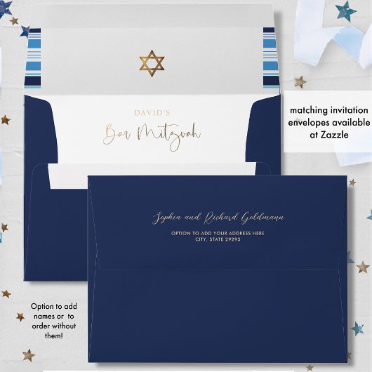 Invitation Élégant Bleu et Or rayé Tallit Bar Mitzvah