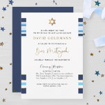 Invitation Élégant Bleu et Or rayé Tallit Bar Mitzvah<br><div class="desc">Invitations amis et famille avec cette élégante invitation Bar Mitzvah avec le bleu, marine, blanc et or rayé design tallit! Possibilité d'ajouter les détails de la cérémonie et de la réception, du déjeuner, du dîner ou de la fête! Bandes d'or, phrase de Bar Mitzvah et étoile de David en fausse...</div>