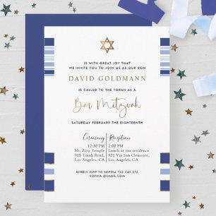 Invitation Élégant bleu et or rayé Tallit Bar Mitzvah I