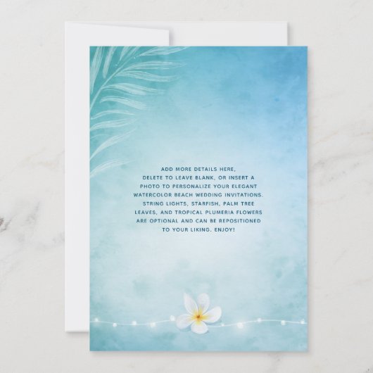 Invitation Elégant bleu et Turquoise aquarelle Plage Mariage (Dos)
